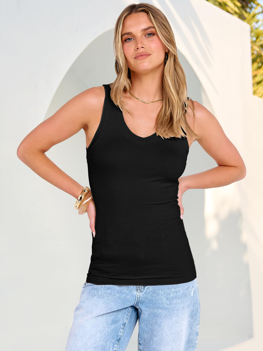 ANRABESS Tank Tops for Women V Neck Ribbed Knit Slim Fitted Sleeveless Basic Tee Tanks Casual Summer Clothes 2026 Black M