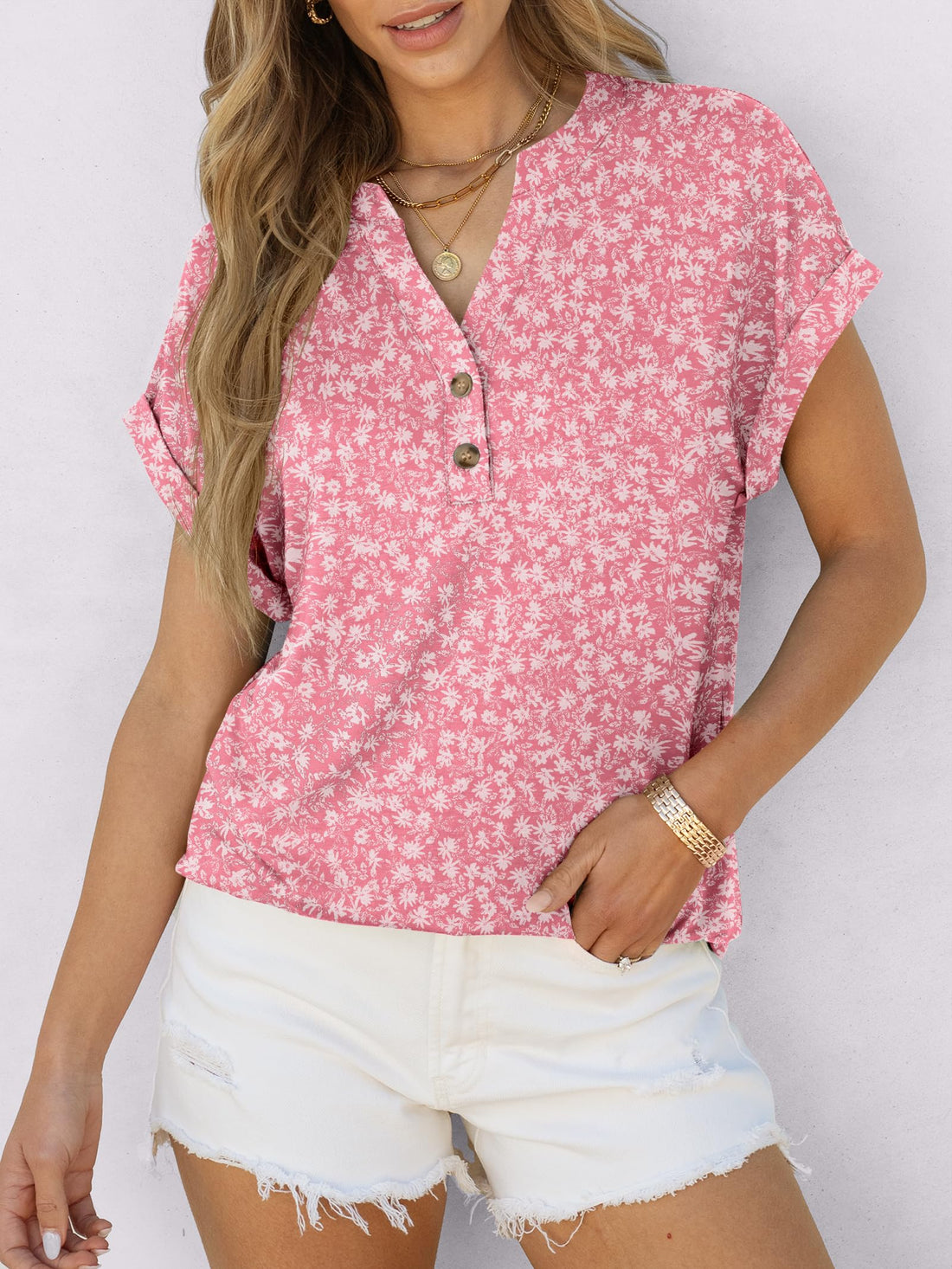 ANRABESS Womens Short Sleeve Henley Tops V Neck Dressy Casual Blouses Summer Trendy Tee Shirts 2026 Vacation Fashion Clothes Pink White Floral Small