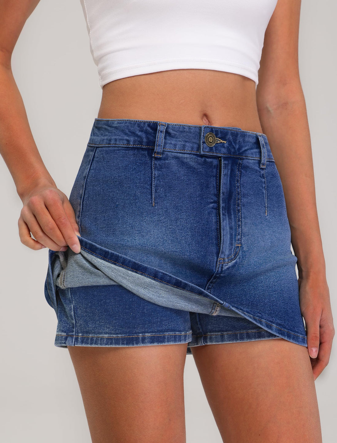 IWD Denim Mini Skirt for Women Low Waisted Jean Micro Skort with Shorts Stretch Casual Jean Skirt Dark Blue Small