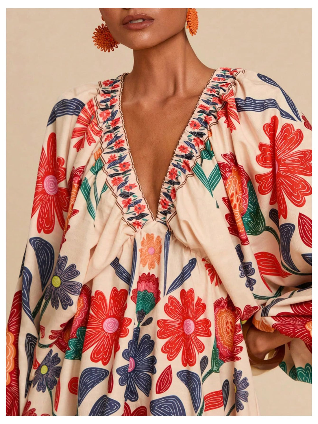 RoseSeek Women's Boho Floral V Neck Mini Dresses Bishop Sleeve Tie Open Back Tropical Dress Orange Small