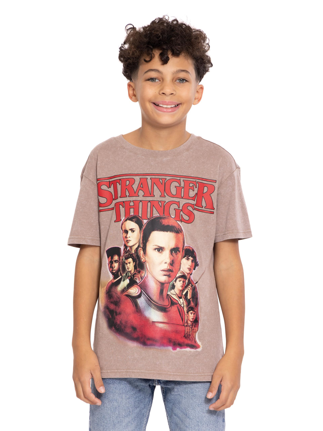 Stranger Things Big Girl Boy Kids Drop Shoulder T-Shirt Taupe Gray 10-12