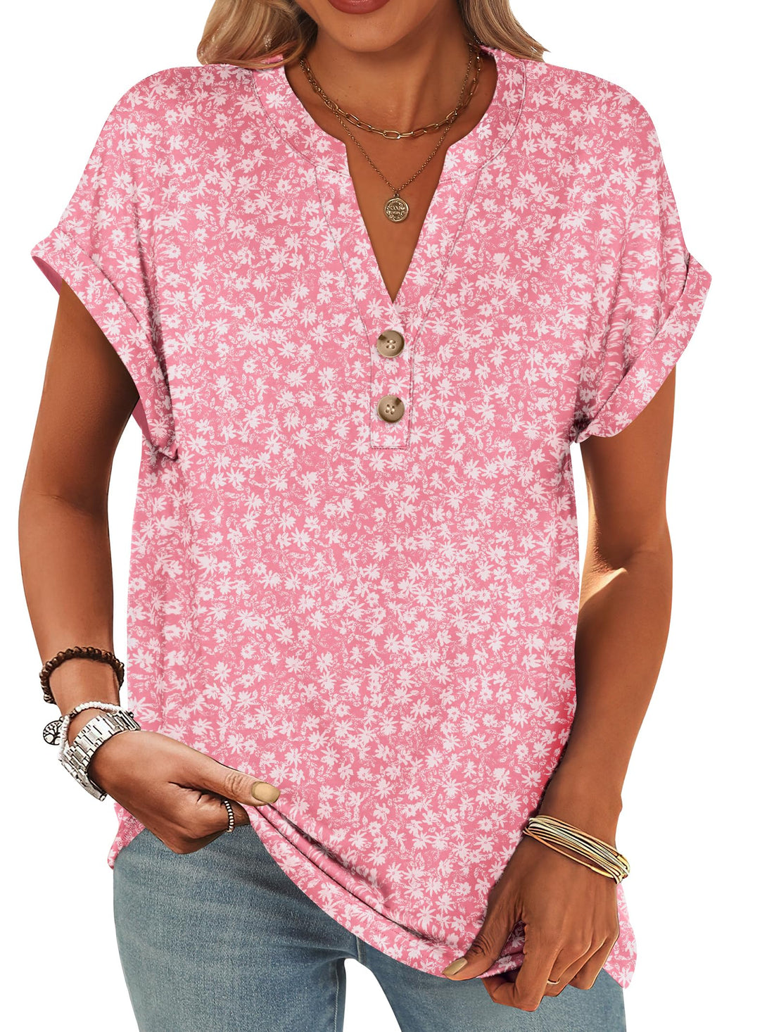 ANRABESS Womens Short Sleeve Henley Tops V Neck Dressy Casual Blouses Summer Trendy Tee Shirts 2026 Vacation Fashion Clothes Pink White Floral Small