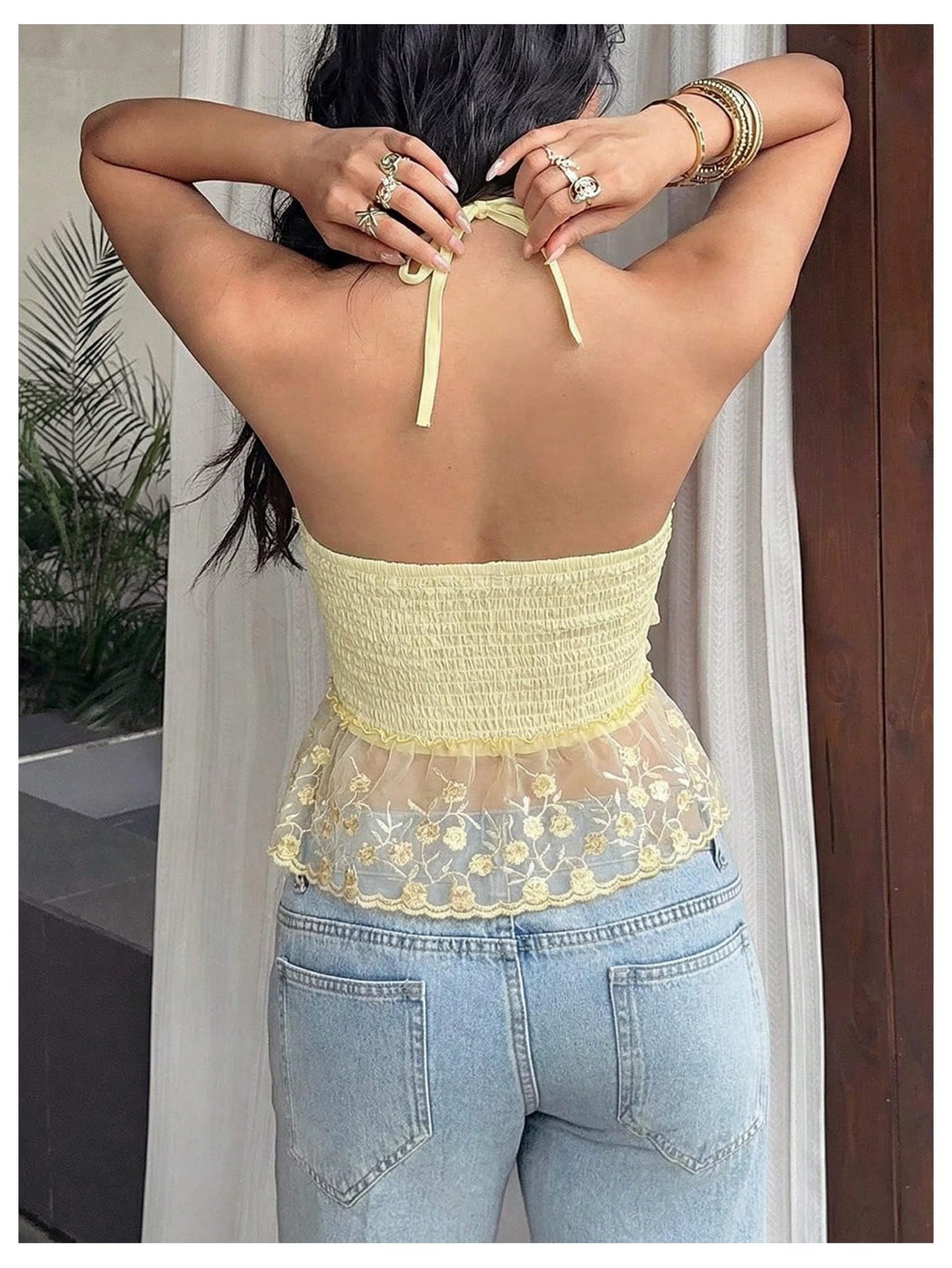 Verdusa Women's Embroidered Babydoll Tops Floral Lace Halter Top Y2k Boho Summer Clothes for Vacation Yellow Medium