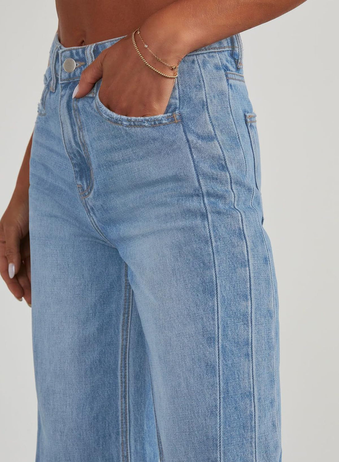 Sidefeel Women's Wide Leg Jeans High Waisted Stretchy Raw Hem Denim Pants Size 8 Light Blue