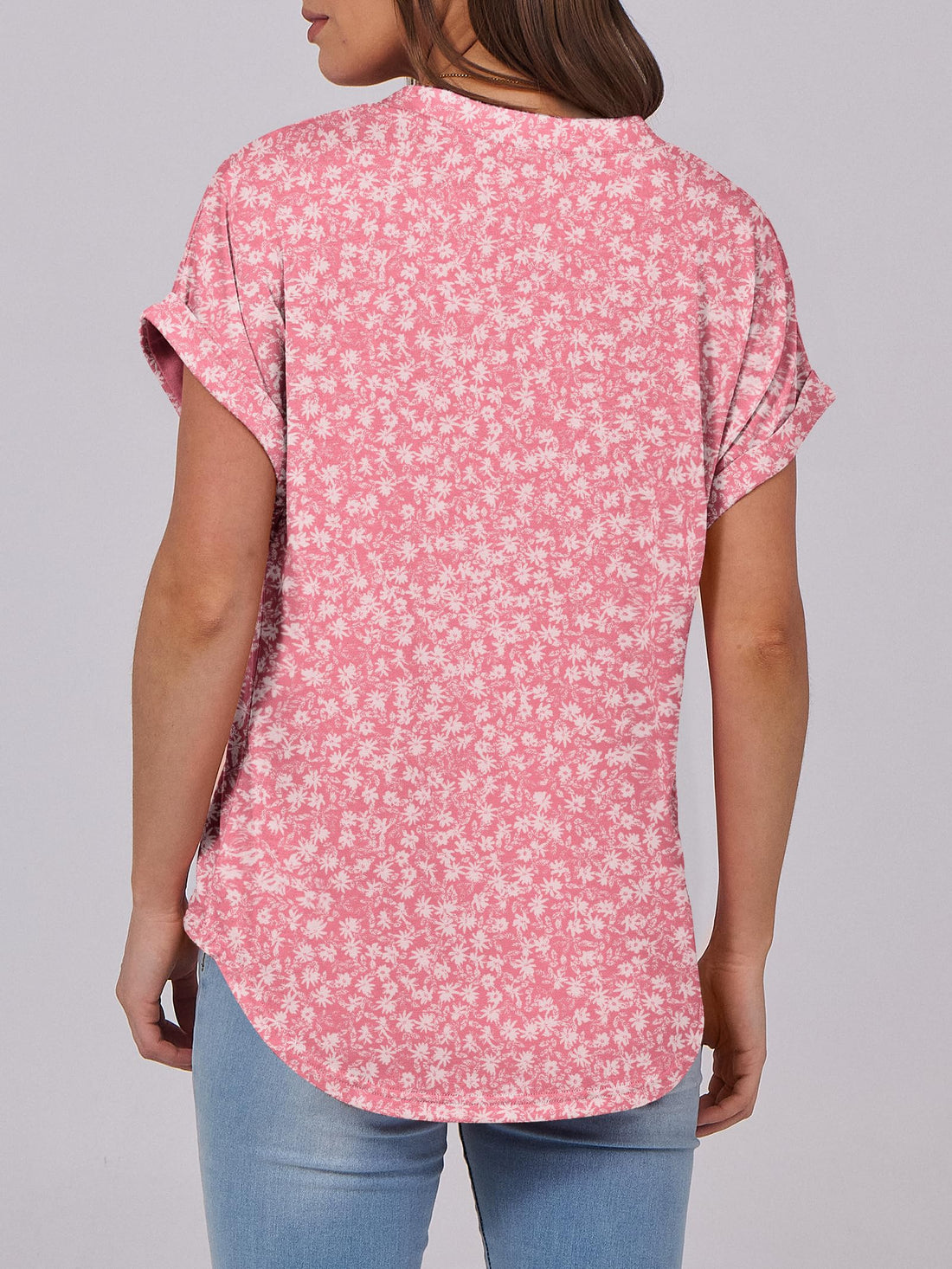 ANRABESS Womens Short Sleeve Henley Tops V Neck Dressy Casual Blouses Summer Trendy Tee Shirts 2026 Vacation Fashion Clothes Pink White Floral Small