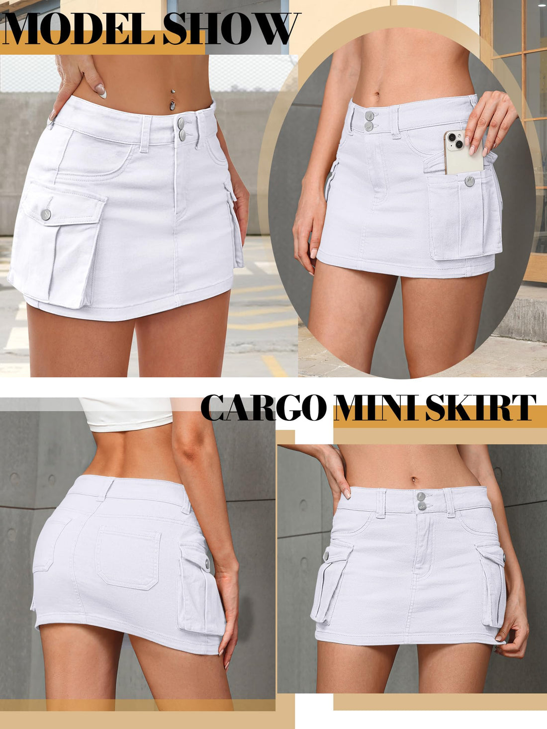 Mancreda Women Denim Cargo Skirt Mini Low Waist Button Bodycon Y2K Flap Pockets Skirts(WH,S)
