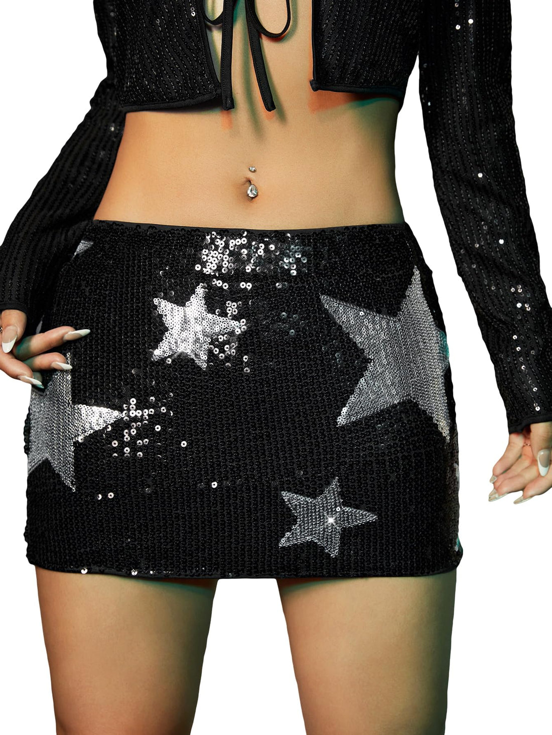 MakeMeChic Women's Sequin Skirt Summer Outfits Sparkly Date Night Bodycon Micro Mini Skirts with Shorts Black Small
