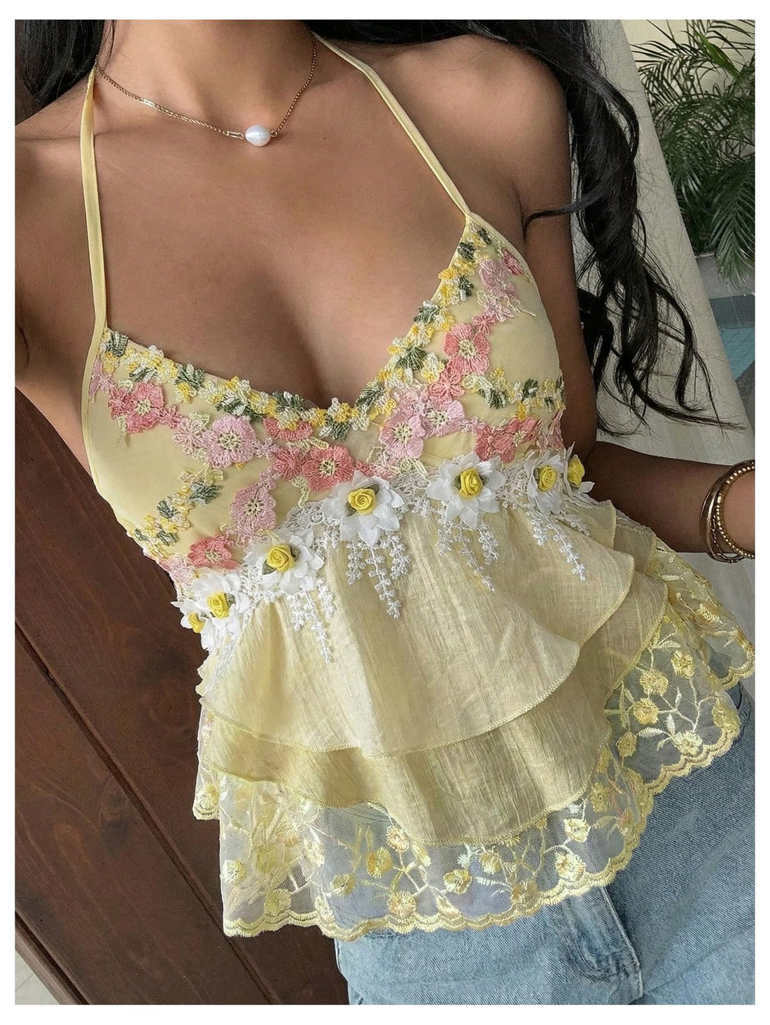 Verdusa Women's Embroidered Babydoll Tops Floral Lace Halter Top Y2k Boho Summer Clothes for Vacation Yellow Medium
