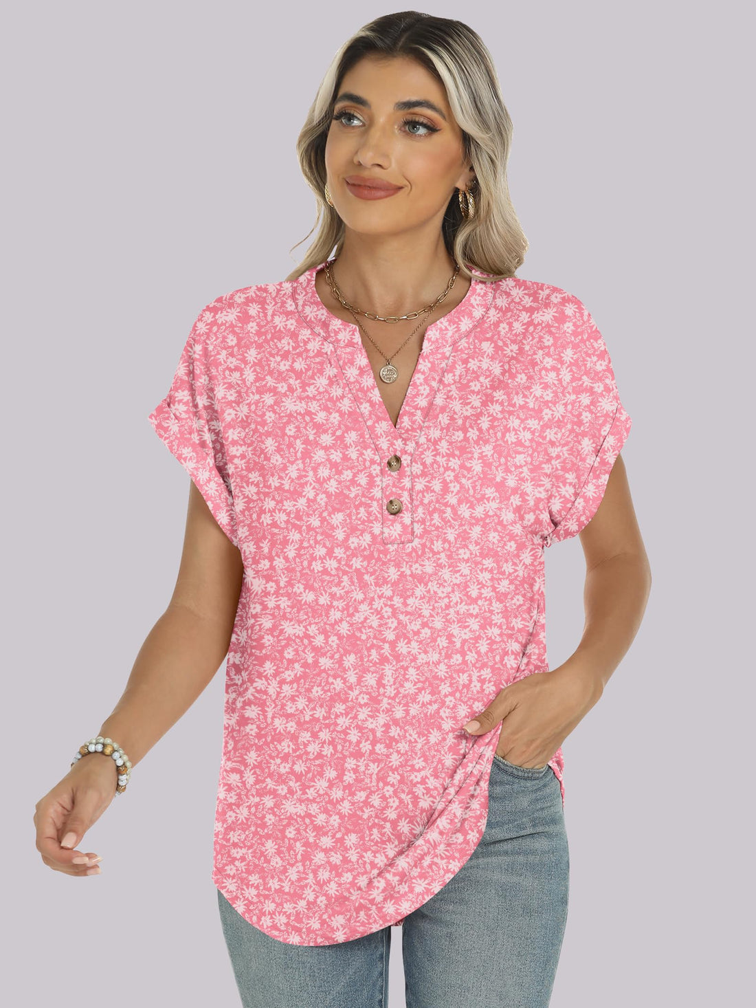 ANRABESS Womens Short Sleeve Henley Tops V Neck Dressy Casual Blouses Summer Trendy Tee Shirts 2026 Vacation Fashion Clothes Pink White Floral Small