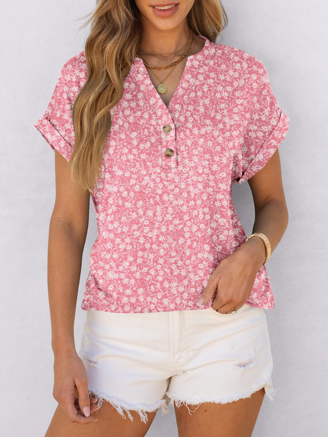 ANRABESS Womens Short Sleeve Henley Tops V Neck Dressy Casual Blouses Summer Trendy Tee Shirts 2026 Vacation Fashion Clothes Pink White Floral Small
