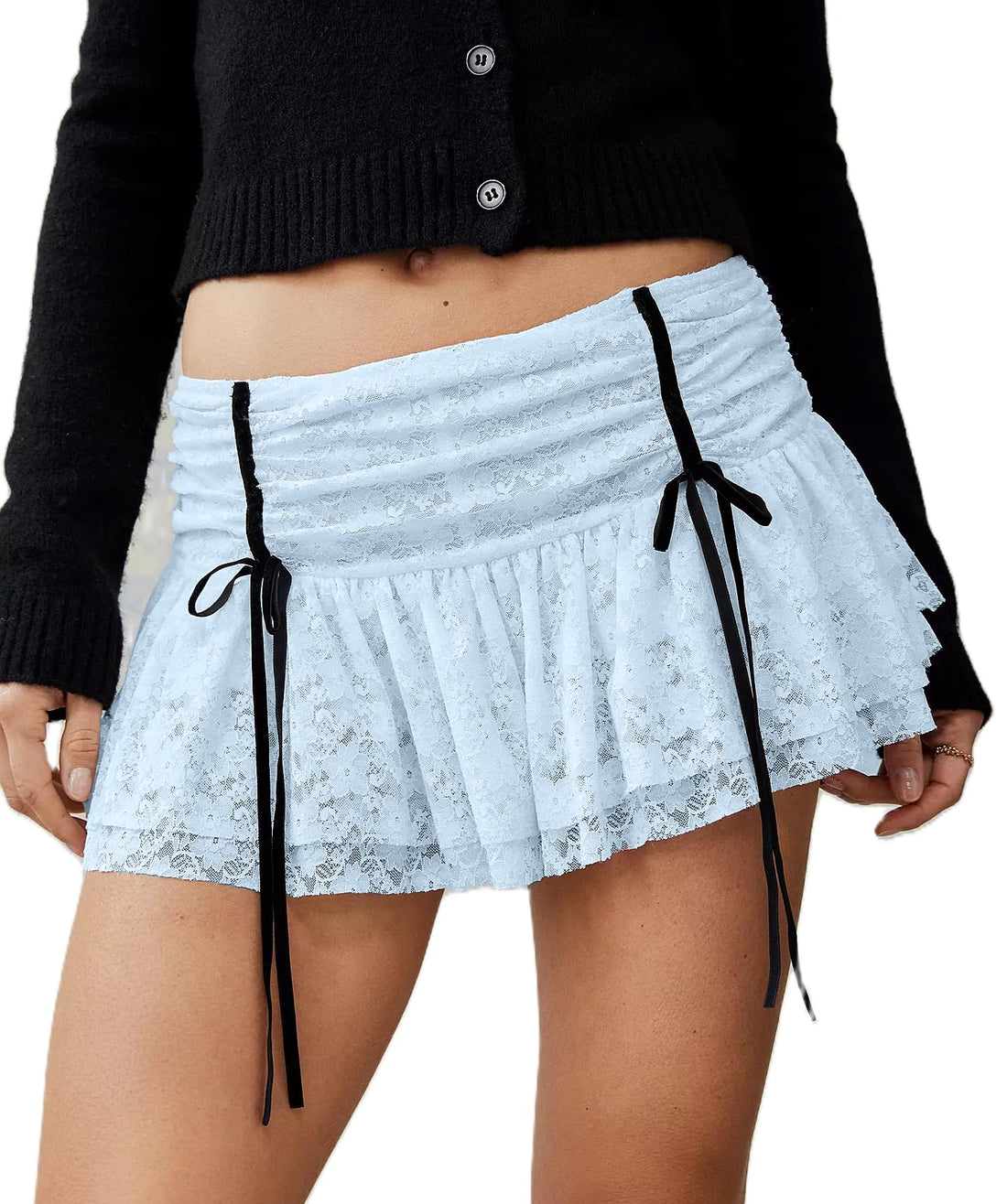 Seyumixi Women Lace Ruffle Bloomer Skirt Frill Tiered Short Skater Skirts Cute Layered Flowy A Line Mini Underskirt(Lace Bowtie Blue,S)