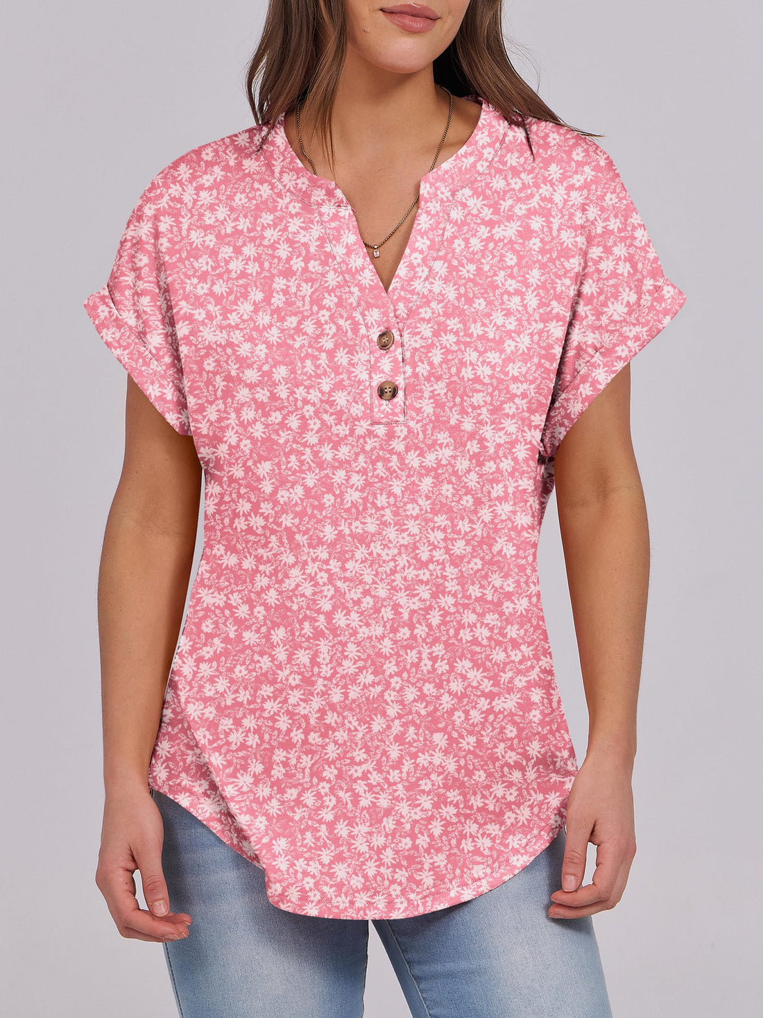 ANRABESS Womens Short Sleeve Henley Tops V Neck Dressy Casual Blouses Summer Trendy Tee Shirts 2026 Vacation Fashion Clothes Pink White Floral Small