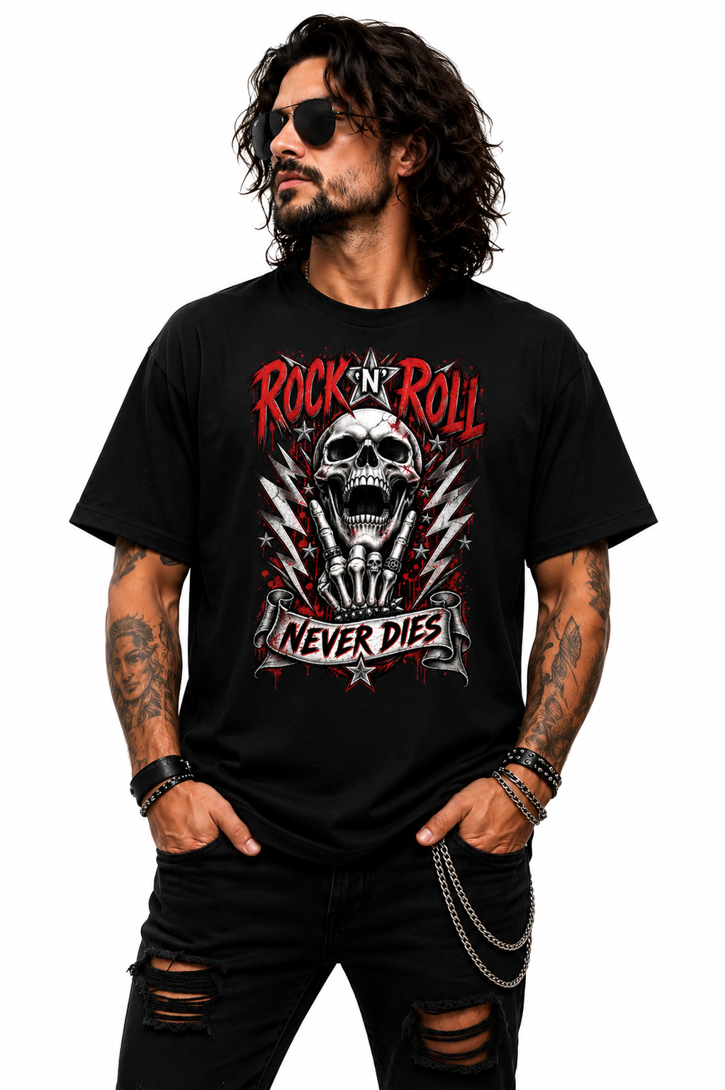 🤘 ROCK ’N’ ROLL NEVER DIES — Skull Rock Unisex T-Shirt