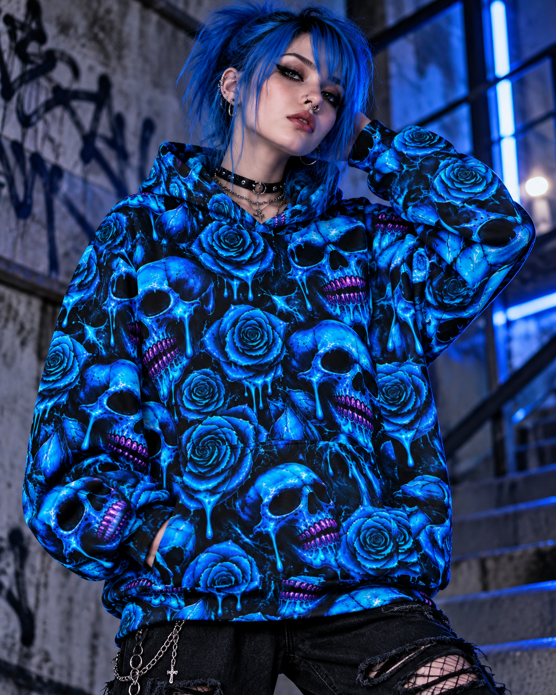 Electric Blue Skulls & Roses Unisex Oversized Hoodie | VINTELNY