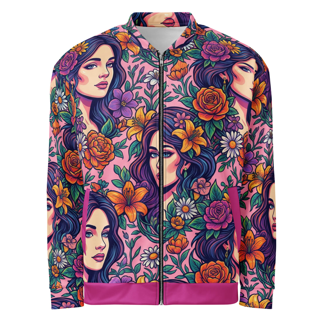 Floral Goddess Bomber Jacket — Women's All-Over Print Streetwear | Pink Floral Face