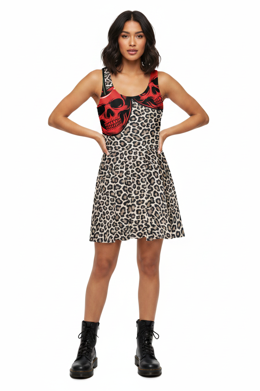 Skull Leopard Print Skater Dress – Front