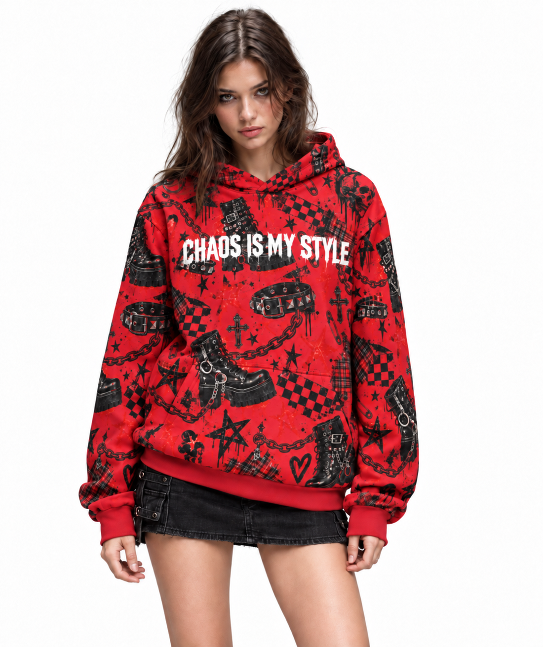 Chaos Is My Style – Unisex Red Punk Oversized Hoodie