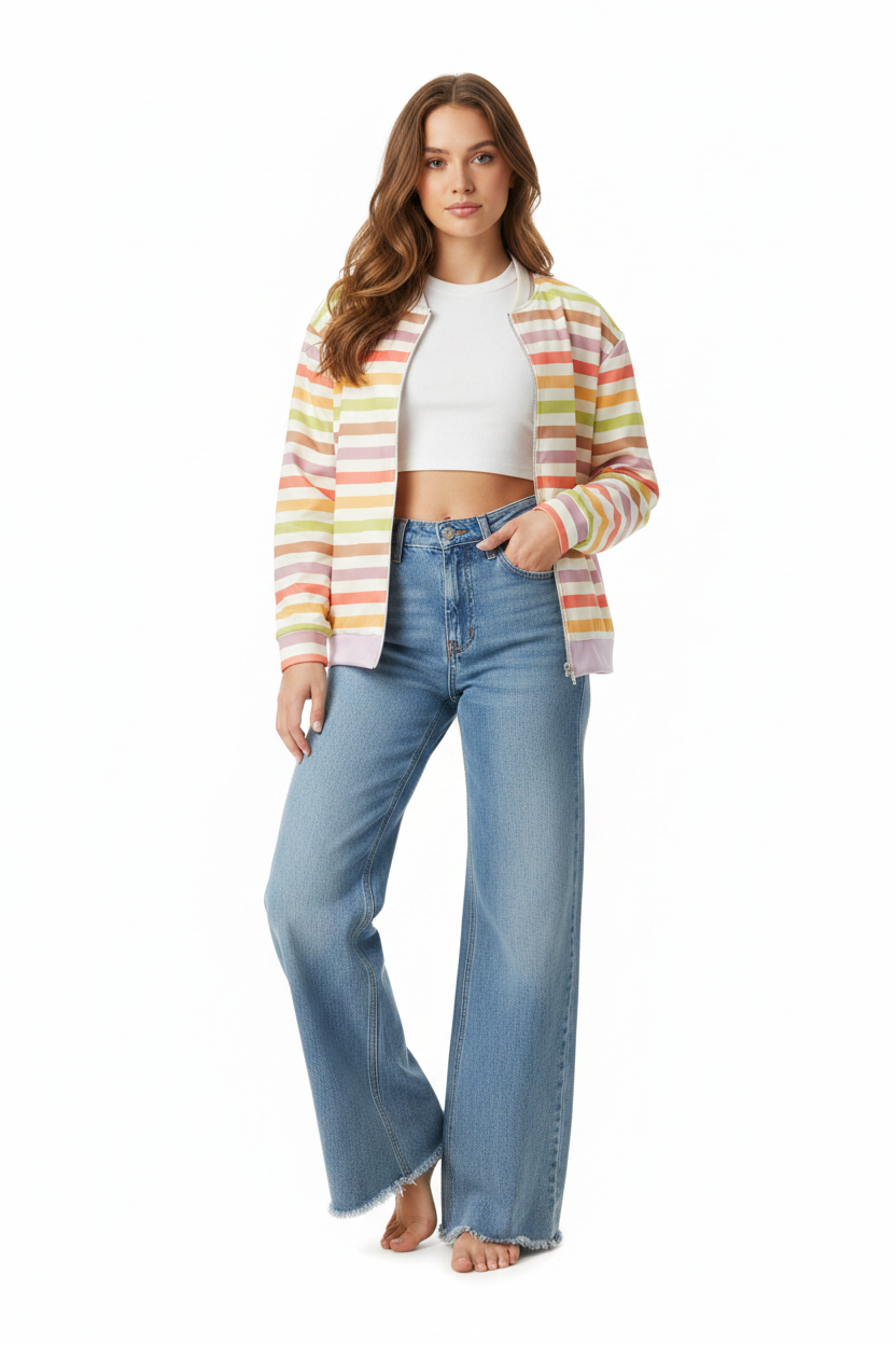 Pastel Stripe All-Over Print Bomber Jacket – Women's Fleece-Lined Streetwear | ViNTELNY