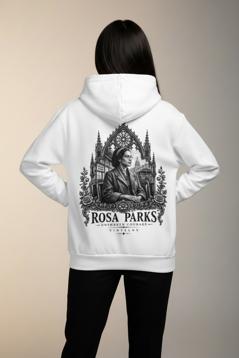 Mockup espalda hoodie Rosa Parks modelo