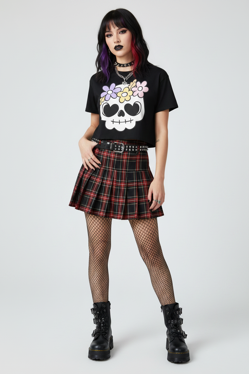 Mockup Frente Negro - Punk Goth Crop Top Sugar Skull
