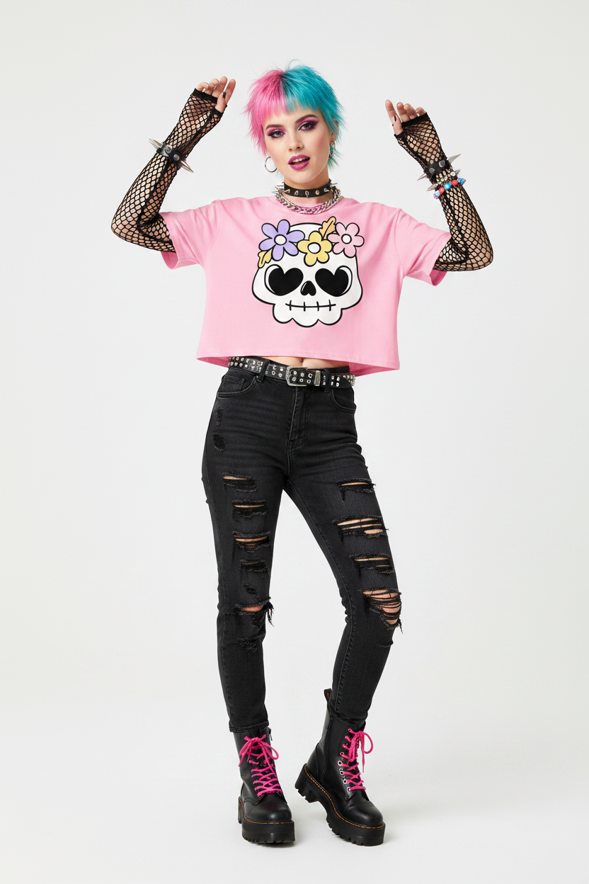 Sugar Skull Crop Top — Floral Day of the Dead Women's Tee | Black & Bubblegum Pink