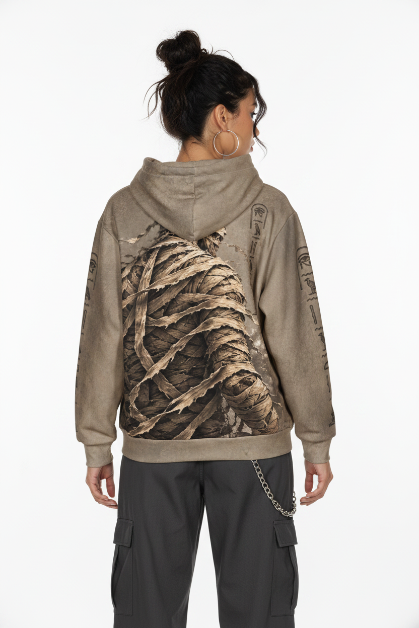 Modelo femenina espalda completa hoodie momia