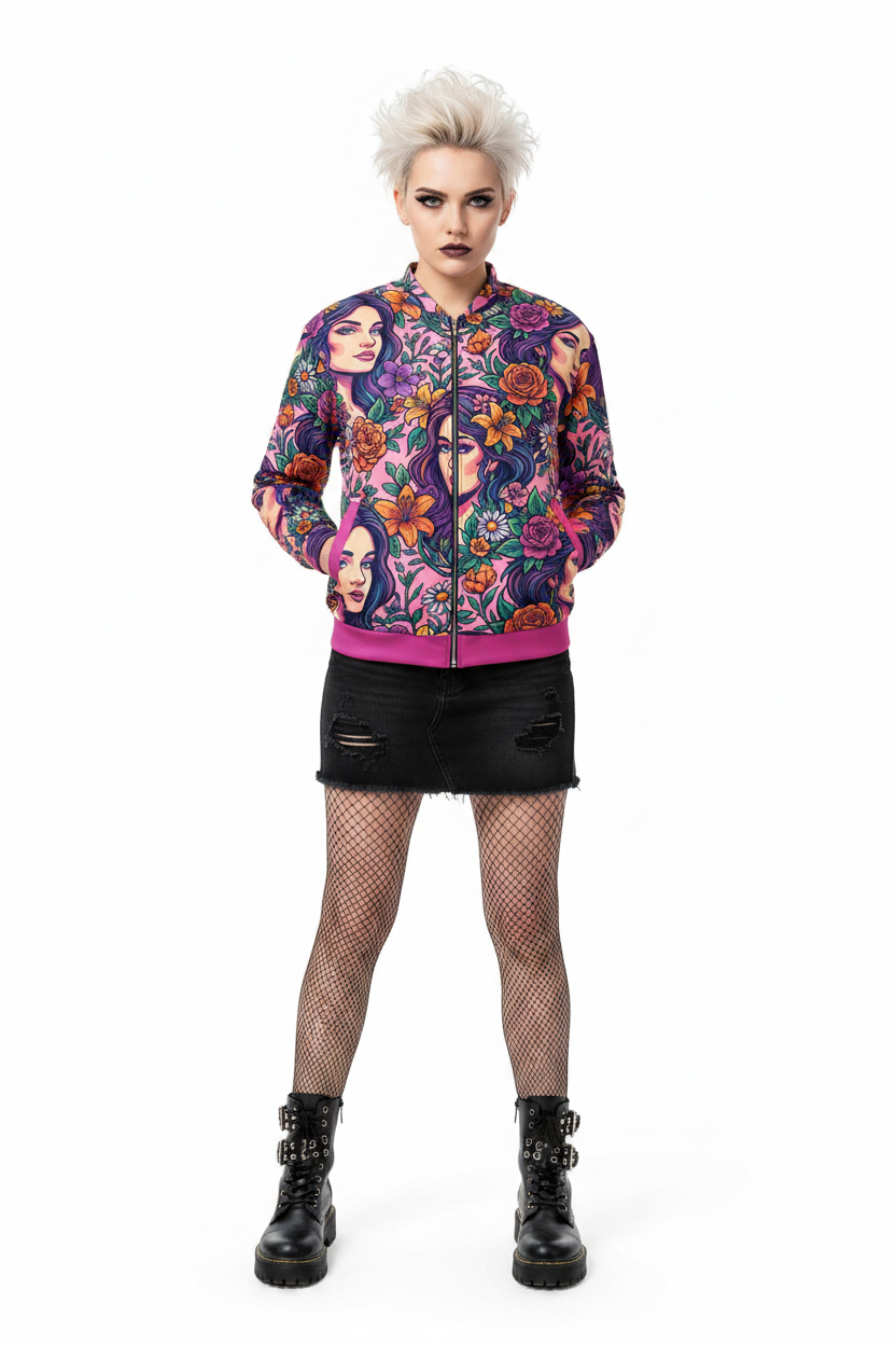 Floral Goddess Bomber Jacket — Women's All-Over Print Streetwear | Pink Floral Face