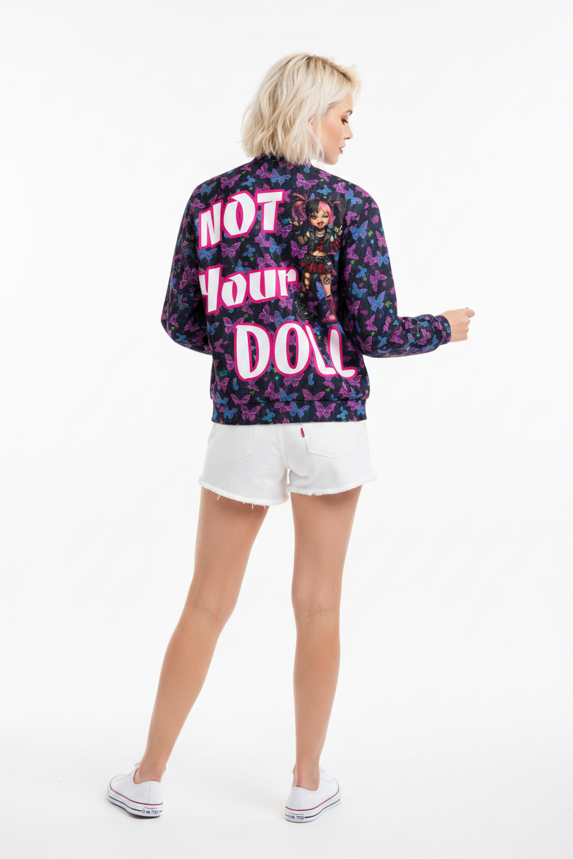 Women's "Not Your Doll" Butterfly Bomber Jacket – Punk Chibi All-Over Print